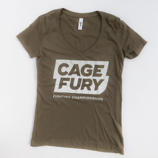Cage Fury Women's Deep Vee (Military Green with White Logo)